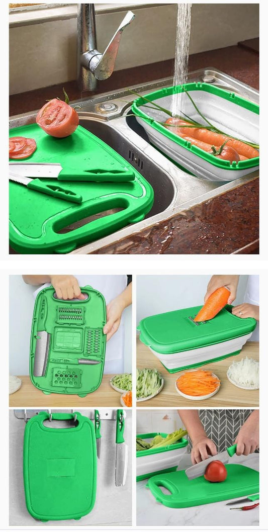 MULTIFUNCTION CUTTING BOARD- 9 in 1 Multifunction Portable Kitchen Cutting Board with Drain Stainer Basket and Vegetable Chopper Slicer and Knife set