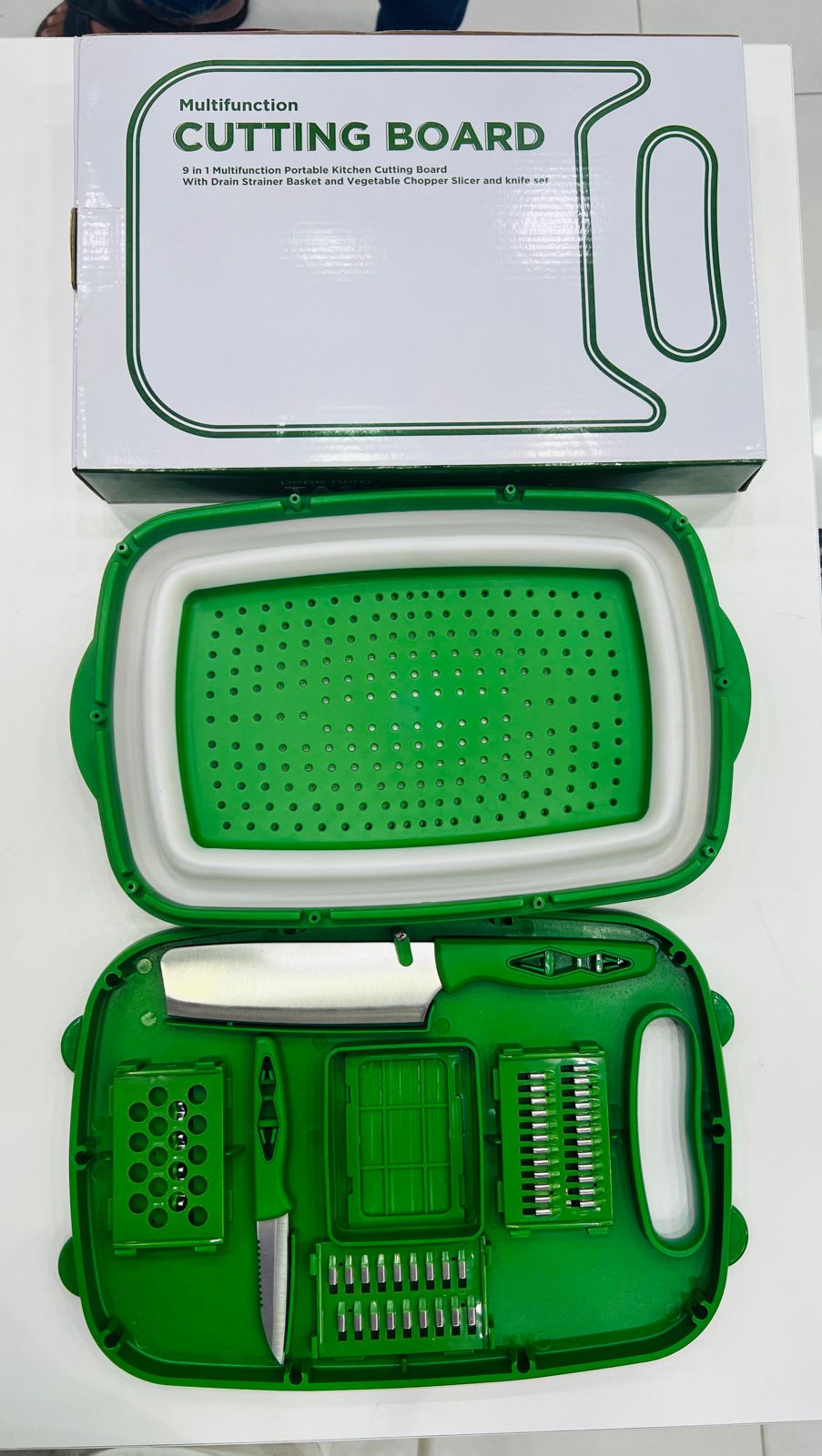 MULTIFUNCTION CUTTING BOARD- 9 in 1 Multifunction Portable Kitchen Cutting Board with Drain Stainer Basket and Vegetable Chopper Slicer and Knife set