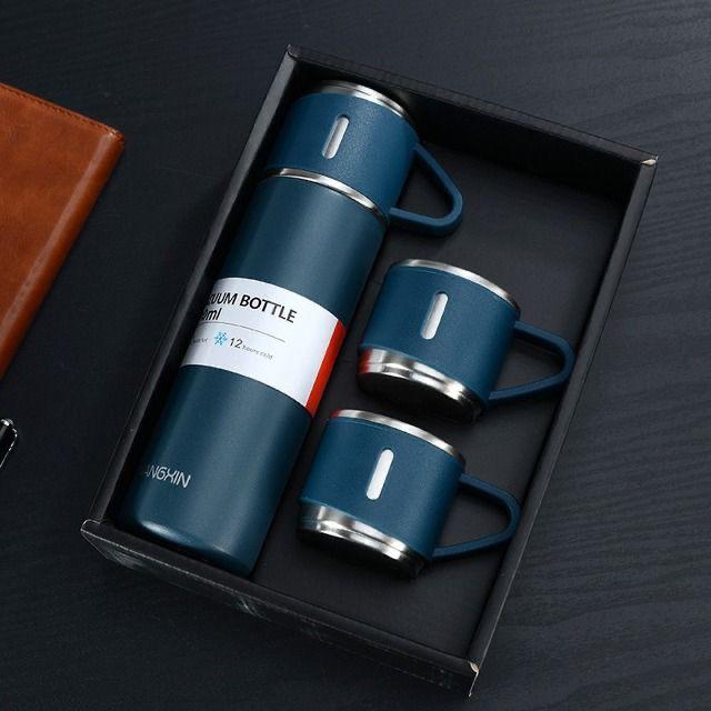 LATEST STEEL VACUUM FLASK SET with 3 Stainless Steel Cups Combo - 500ml - Keeps HOT/Cold