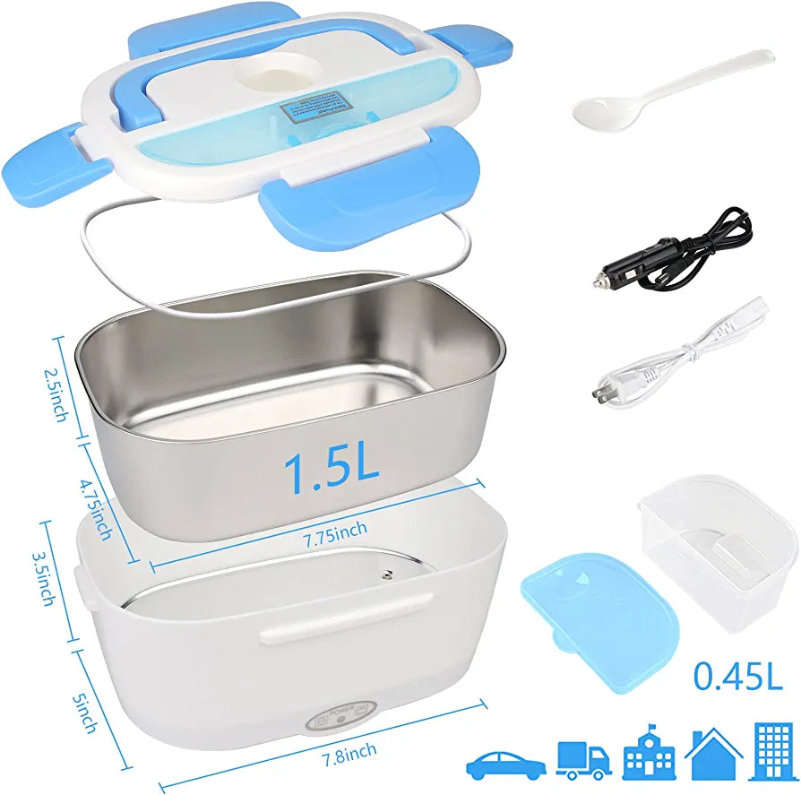 Electric Lunch Boxes , 60 W  Heated Lunch Box Food Heater 2 in 1 for Work Home Truck and Car Leak Proof, 1.5L Removable Stainless Steel Container, 110V/12V