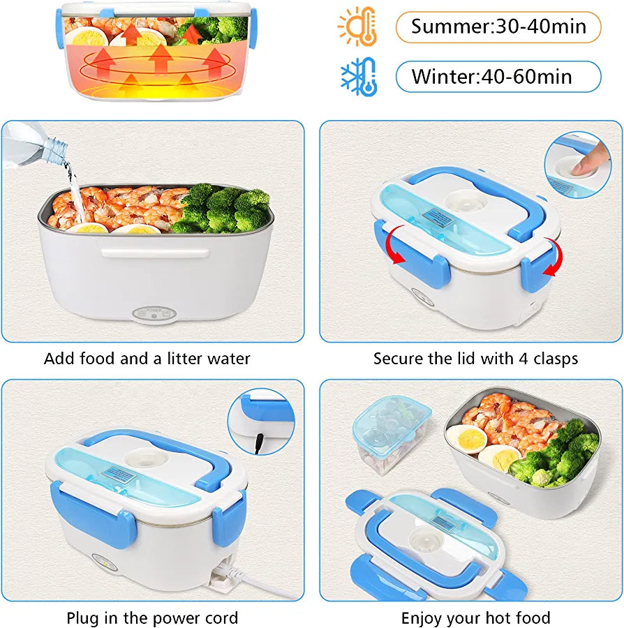 Electric Lunch Boxes , 60 W  Heated Lunch Box Food Heater 2 in 1 for Work Home Truck and Car Leak Proof, 1.5L Removable Stainless Steel Container, 110V/12V